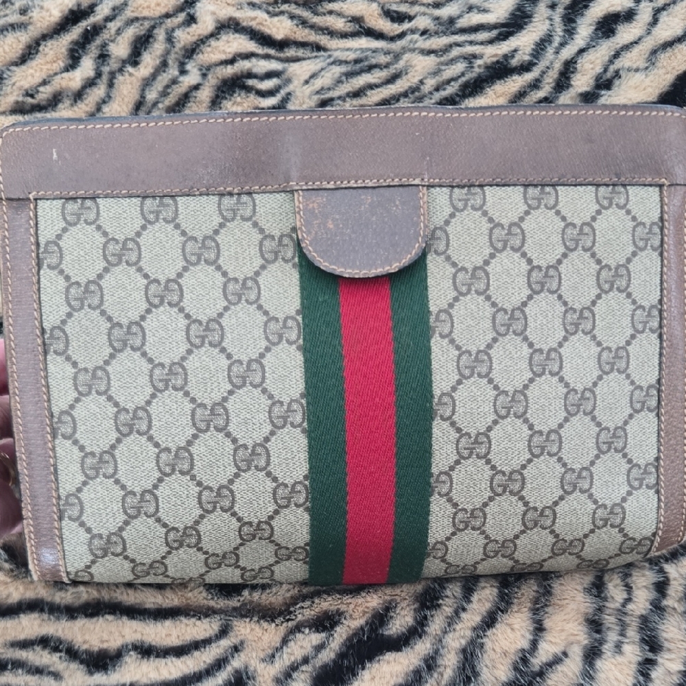 Vintage Gucci Beige Monogram Clutch with Red and Green Accent Authentic